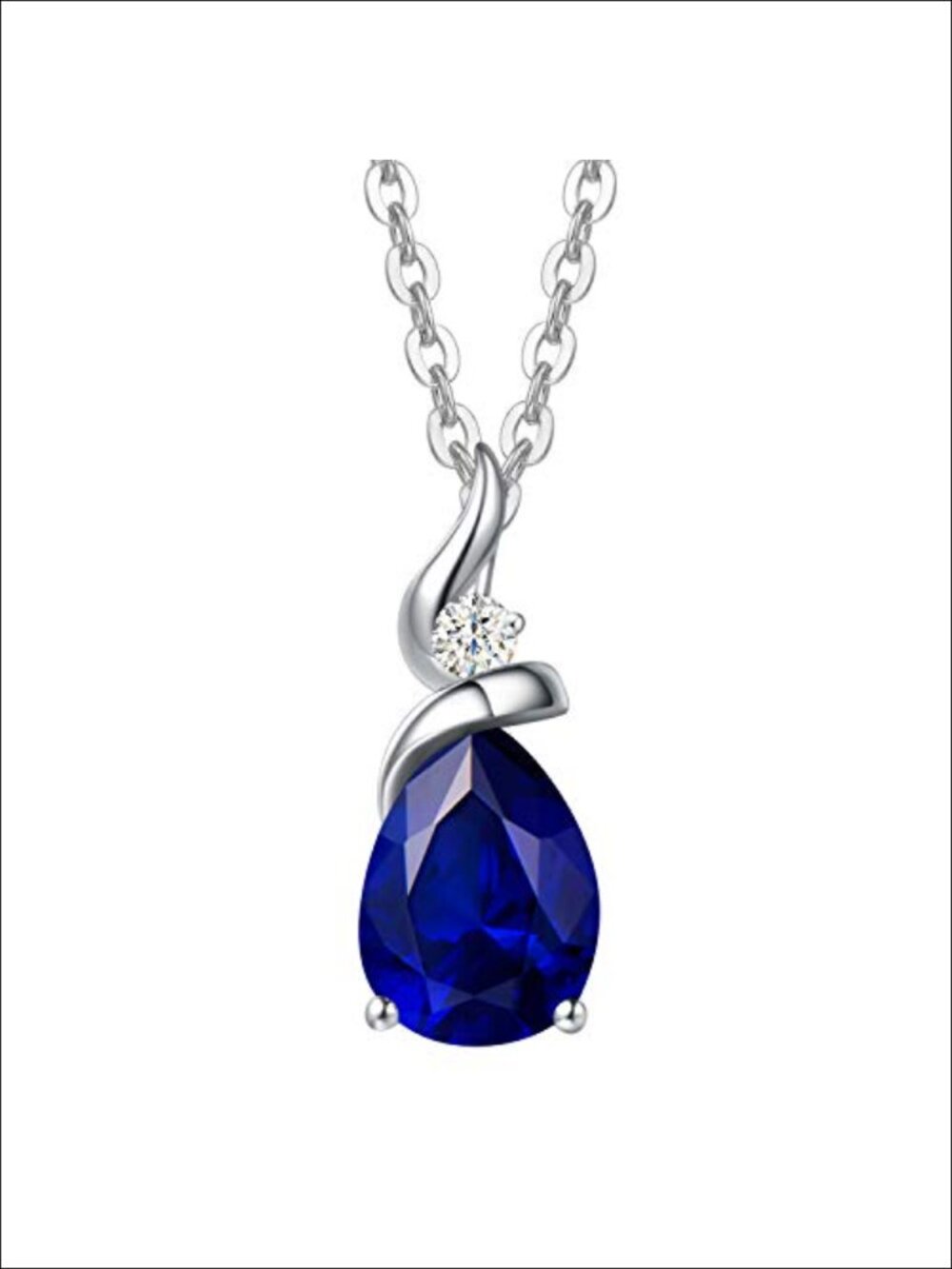 14k Solid White Gold Pear Sapphire Pendant Necklace w Chain 16-18